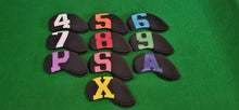 Load image into Gallery viewer, Golf Iron Covers 4 - SW + A + X (10 Covers) - Black with coloured numbers - New
